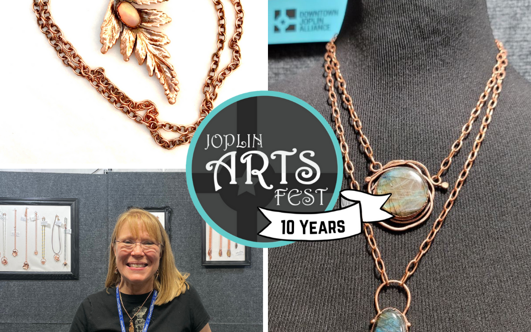 Headshot of jewelry artist Kristin Girard and photos of three of her necklaces.